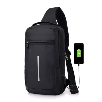Anti theft sling bag in black with USB charging port