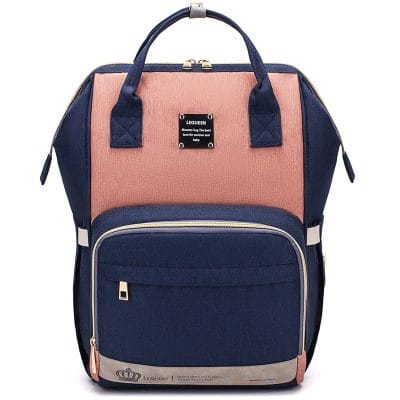 diaper bag backpack in navy and pink