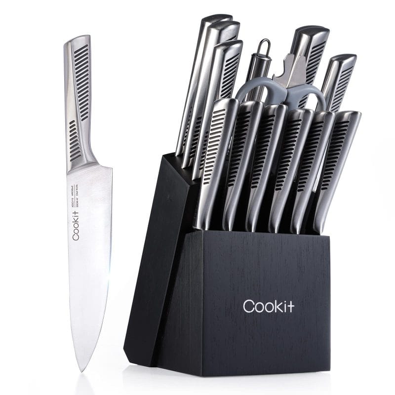 Knife set displayed in modern black wooden block