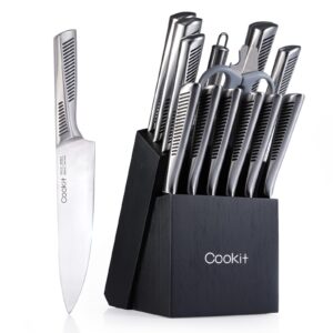 Kitchen knife set with stainless steel knives and block