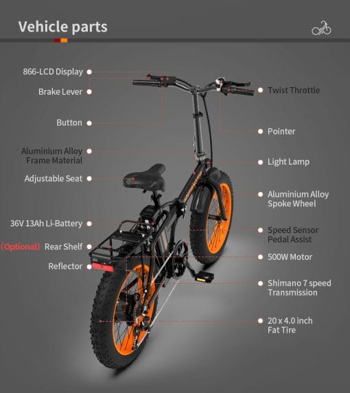36V 500W Foldable Fat Tire E-Bike 20x4.0 Inch Commuter Bike ,13AH Lithium Battery, FR Disc Brake & 866 LCD Display - Image 3