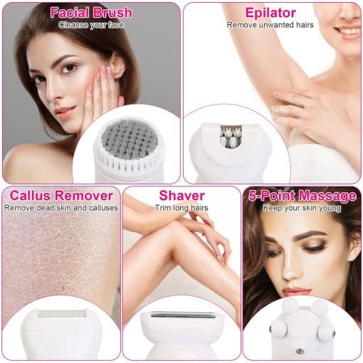 1Pc 5 In 1 Electric Body Epilator Rechargeable Women's Grooming Kit Epilator Shaver Facial Brush Callus Remover 5 Point Massager With LED Light LED Display Charging Base - Image 8