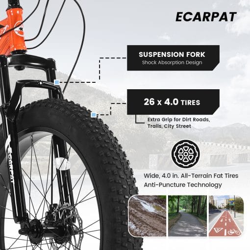 S26109 26 Inch Fat Tire Bike Adult-Youth Full Shimano 21 Speed Mountain Bike, Dual Disc Brake, High-Carbon Steel Frame, Front Suspension, Mountain Trail Bike, Urban Commuter City Bicycle - Image 6