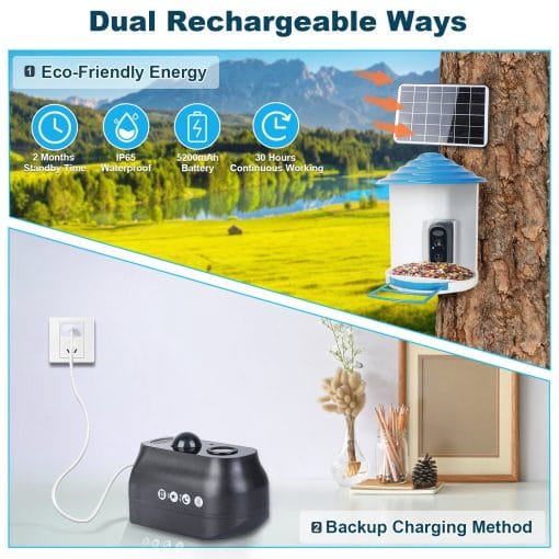 Smart Bird Feeder With Solar Powered Camera 1080P HD AI Identify PIR Motion Auto Capture Video Cloud Card Storage WiFi Connection App Control IP65 Waterproof - Image 2