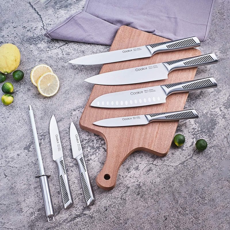 Chef knife set with ergonomic silver handles