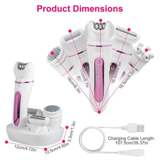 1Pc 5 In 1 Electric Body Epilator Rechargeable Women's Grooming Kit Epilator Shaver Facial Brush Callus Remover 5 Point Massager With LED Light LED Display Charging Base - Image 6