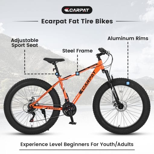S26109 26 Inch Fat Tire Bike Adult-Youth Full Shimano 21 Speed Mountain Bike, Dual Disc Brake, High-Carbon Steel Frame, Front Suspension, Mountain Trail Bike, Urban Commuter City Bicycle - Image 3