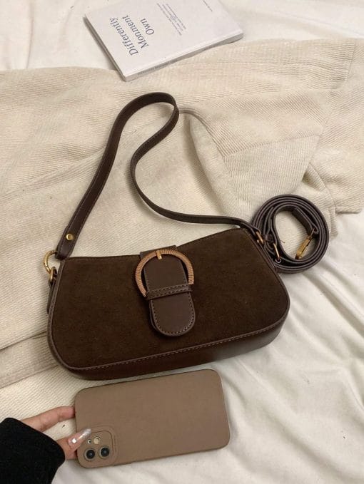 Women Retro Solid Color Dual Strap Suede Shoulder Crossbody Saddle Bag, Autumn And Winter Hot Women Bag, Suede Purse, Newest Fashionable Suede Bag For Women - Image 8