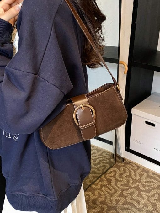 Women Retro Solid Color Dual Strap Suede Shoulder Crossbody Saddle Bag, Autumn And Winter Hot Women Bag, Suede Purse, Newest Fashionable Suede Bag For Women - Image 6