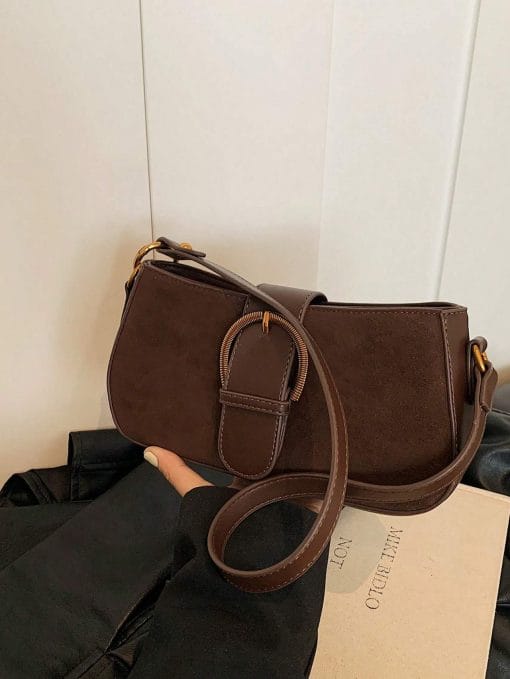 Women Retro Solid Color Dual Strap Suede Shoulder Crossbody Saddle Bag, Autumn And Winter Hot Women Bag, Suede Purse, Newest Fashionable Suede Bag For Women - Image 3