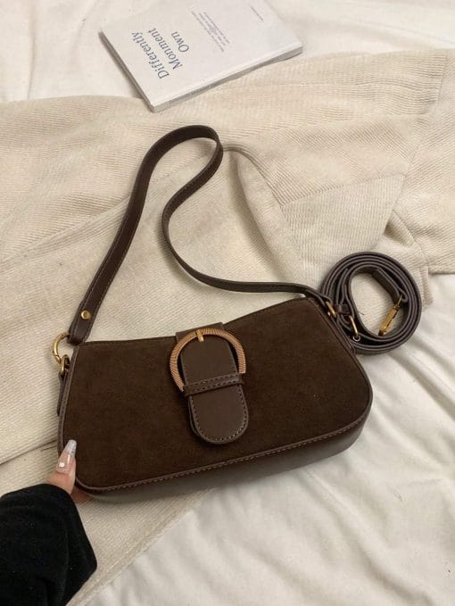 Women Retro Solid Color Dual Strap Suede Shoulder Crossbody Saddle Bag, Autumn And Winter Hot Women Bag, Suede Purse, Newest Fashionable Suede Bag For Women - Image 9