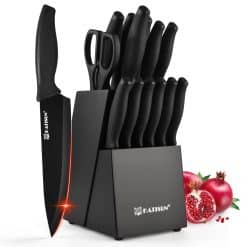 Knife set with block on white background