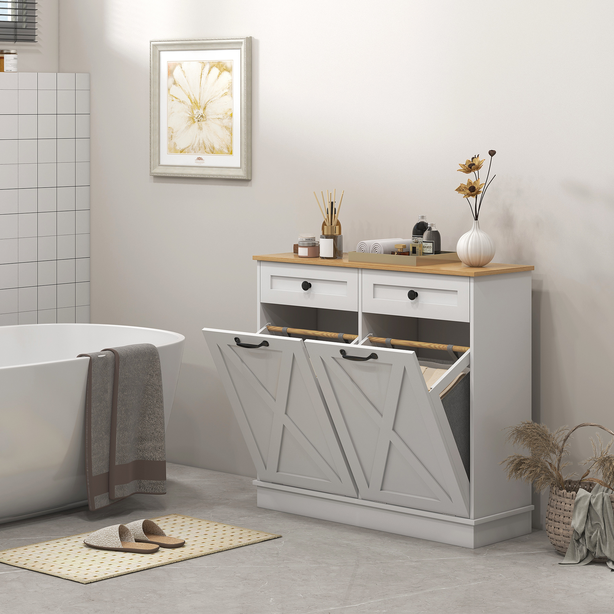 Tilt Out Laundry Hamper Cabinet, Bathroom Storage Cabinet with 2 Removable Baskets and 2 Drawers, White - Image 5