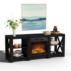 58 Inch Black Double-Sided Cross Fireplace Cabinet With 18 Inch Fireplace Core, 149 * 40 * 60cm Freestanding Fireplace Console