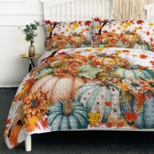fall bedding set with pumpkin quilt on bed
