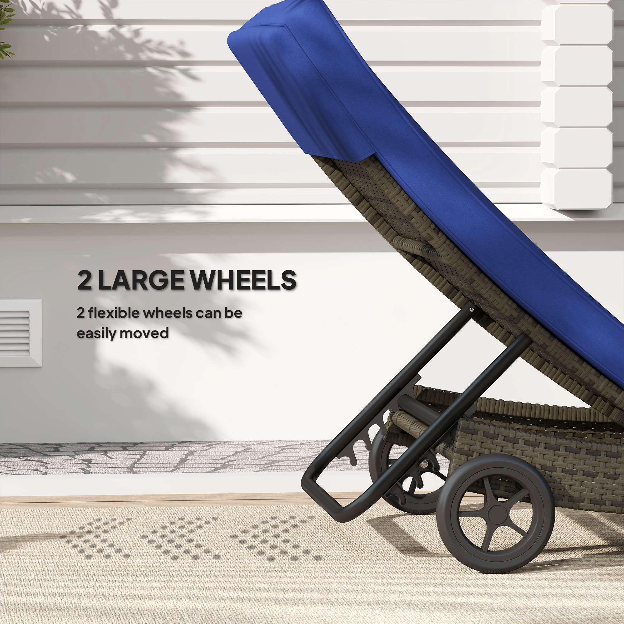 Patio Wicker Chaise Lounge Chair, Outdoor PE Rattan Sun lounger with Adjustable Backrest and 2 Wheels, Dark Blue - Image 7
