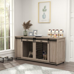 71" Modern Dog Kennel Furniture with Removable Divider, Storage for 2 Small Dogs or 1 Large Dog, Walnut