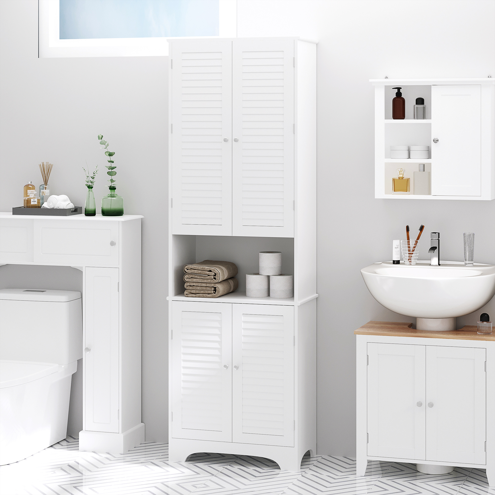 Tall Narrow Bathroom Storage Cabinet with Doors and Shelf Adjustability, Freestanding Linen Cabinet with 2 Cabinets and Countertop, White - Image 2