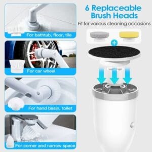 Alternative view of Electric Spin Scrubber Cordless Rechargeable Telescopic Cleaning Brush 6 Replaceable Heads 2 Speed Adjustable Extension Arm Bathroom Tub Tile Floor