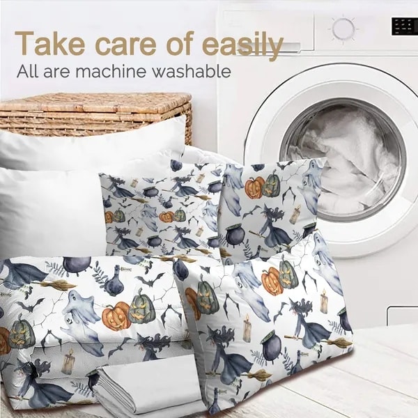 Halloween Comforter Set 8PCS – Witch Pattern Bed in a Bag Bedding Set with Comforter, Sheets, Pillow Shams & Cushion Cover - Image 4