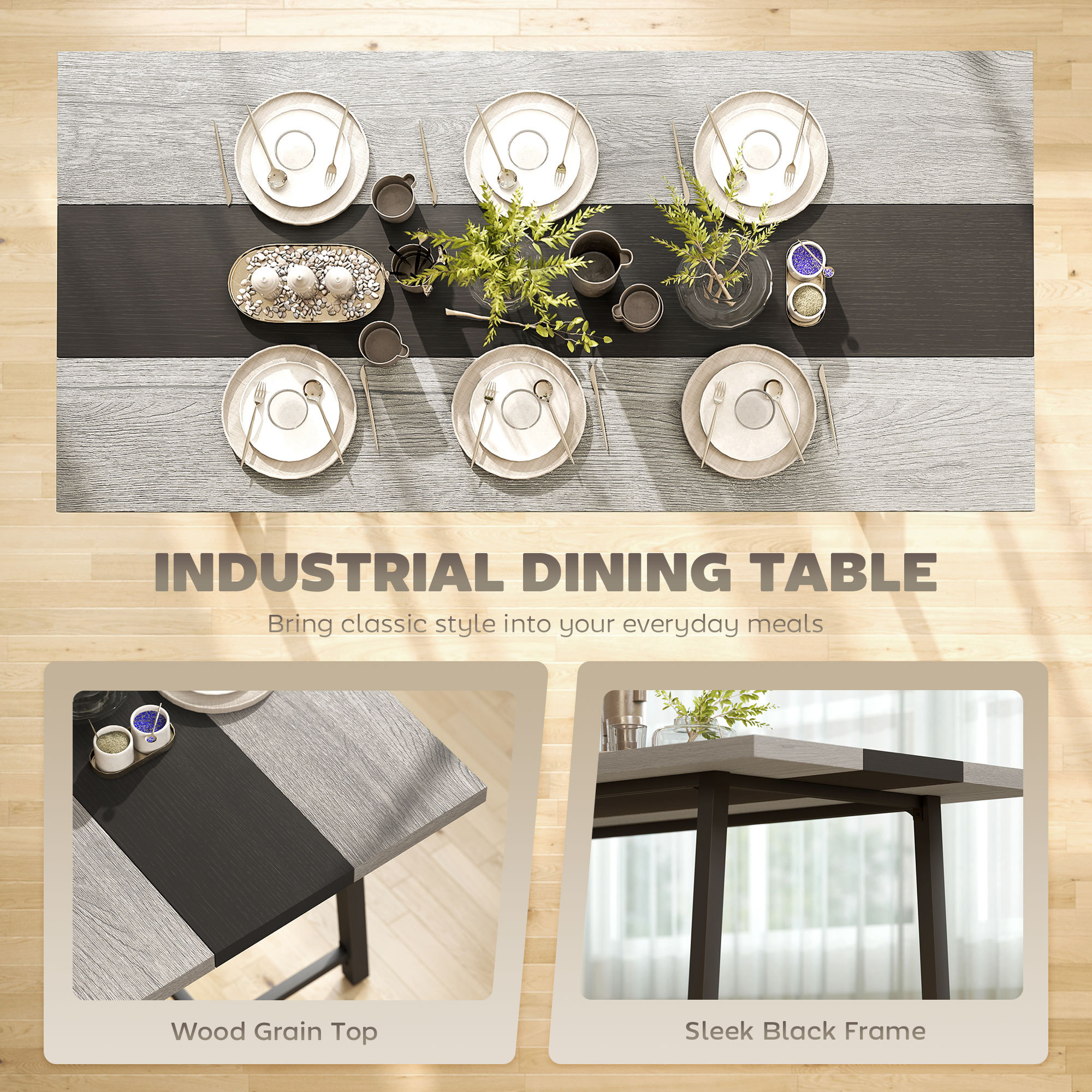 Industrial Kitchen Table for 8 People, 70.9" Long Dining Table with Large Tabletop and Steel Legs for Dining Room, Gray - Image 5