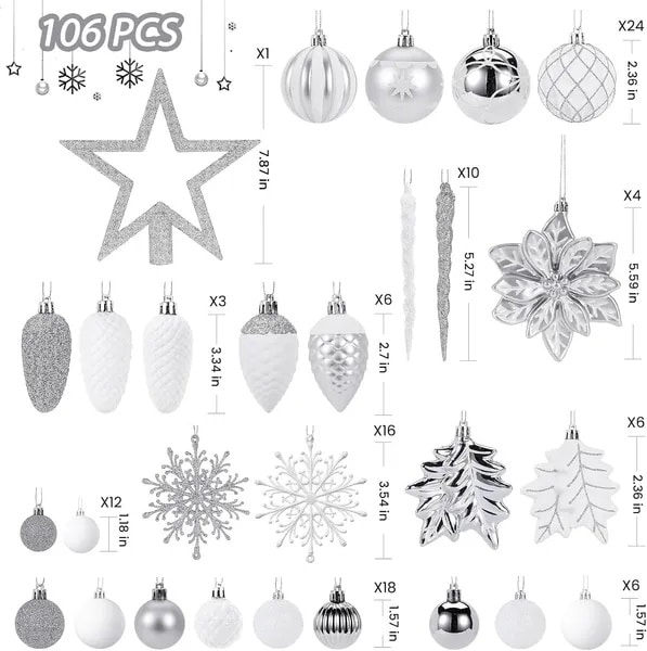 106PCS Christmas Ornaments Set – White Christmas Ornaments, Shatterproof Plastic Christmas Tree Ornaments - Image 4