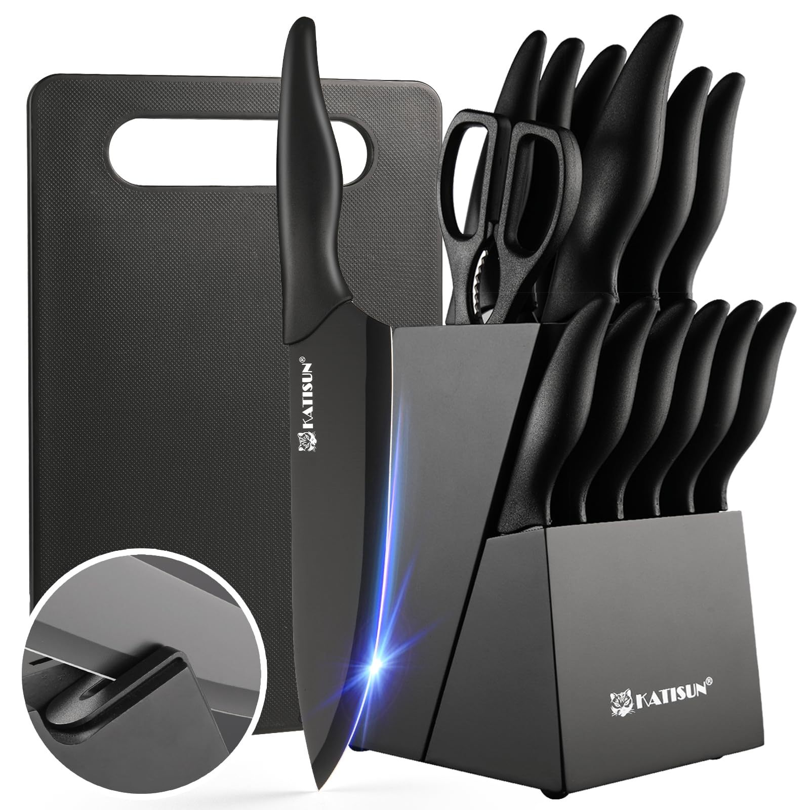 Chef knife set with block and cutting board
