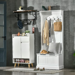 Hall Tree with Coat Rack, Storage, and Sitting Bench, White