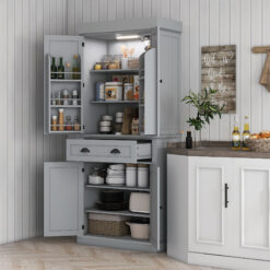 71" Kitchen Pantry Cabinet with LED Lights, 6 Door Shelves, a Drawer and 4 Adjustable Shelves, Gray