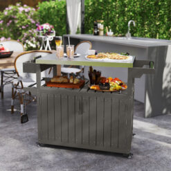 Outdoor Bar Cart with Storage, Stainless Steel Outdoor Bar Table Top, Wheeled HDPE Kitchen Island for Food Prep, Gray