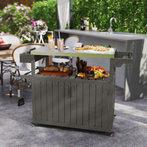 Outdoor Bar Cart with Storage, Stainless Steel Outdoor Bar Table Top, Wheeled HDPE Kitchen Island for Food Prep, Gray