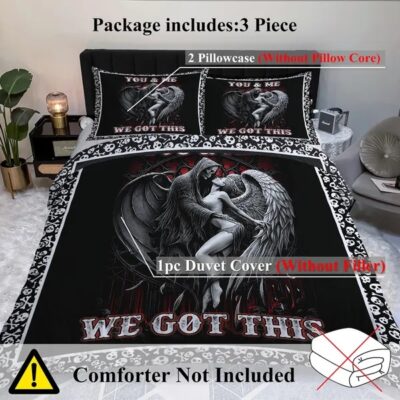 Alternative view of 3PCS Soft And Comfortable Death And Angel Print Duvet Cover Set For Bedroom And Guest Room - Includes 1 Duvet Cover And 2 Pillowcases All Season