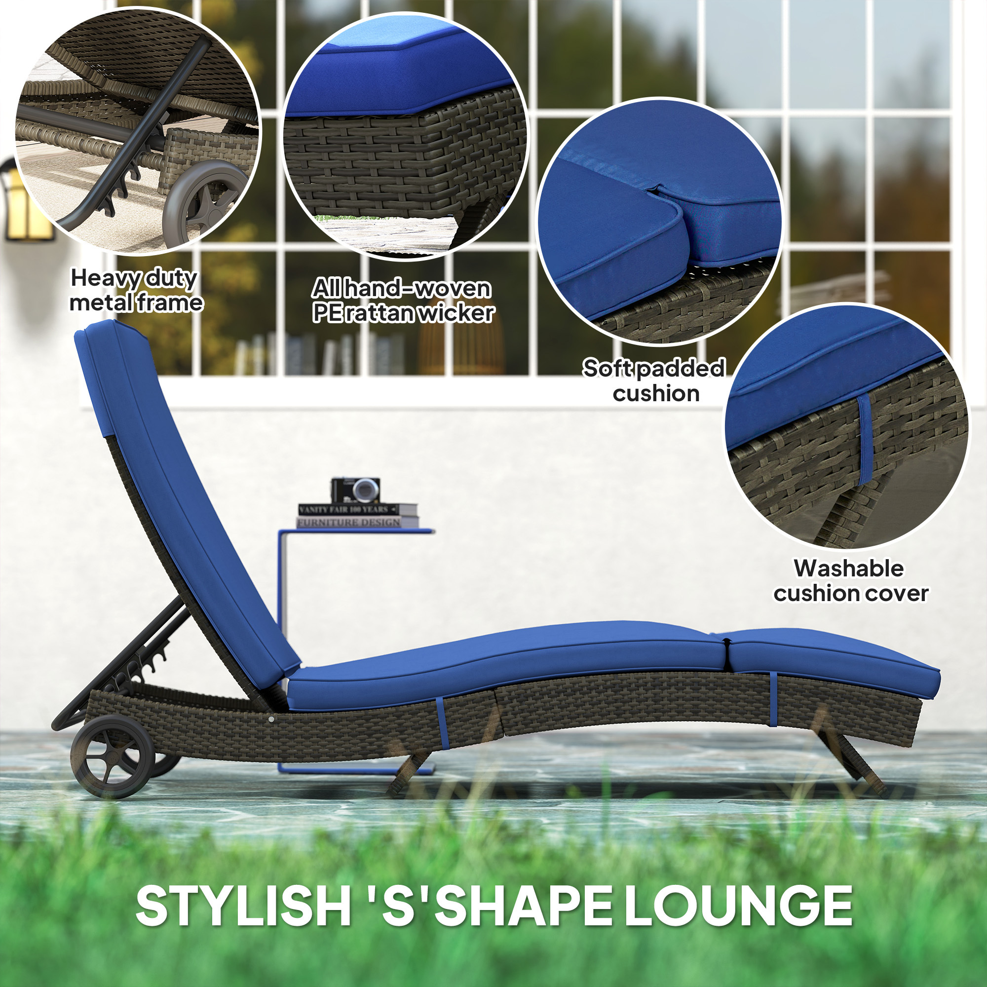 Patio Wicker Chaise Lounge Chair, Outdoor PE Rattan Sun lounger with Adjustable Backrest and 2 Wheels, Dark Blue - Image 4