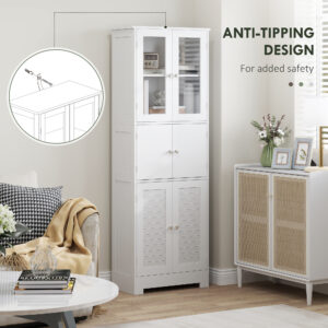 Alternative view of Freestanding Bathroom Cabinet with Glass/Louvred Doors, Tall Bathroom Storage Cabinet with Adjustable Shelf, White