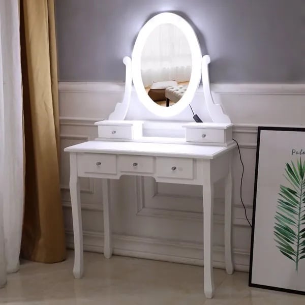 With Light Bulb Single Mirror 5 Drawer Dressing Table White - Image 4