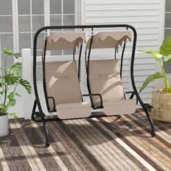 Alternative view of 2-Seater Outdoor Porch Swing with Canopy, Patio Swing Chair for Garden, Poolside, Backyard, Beige