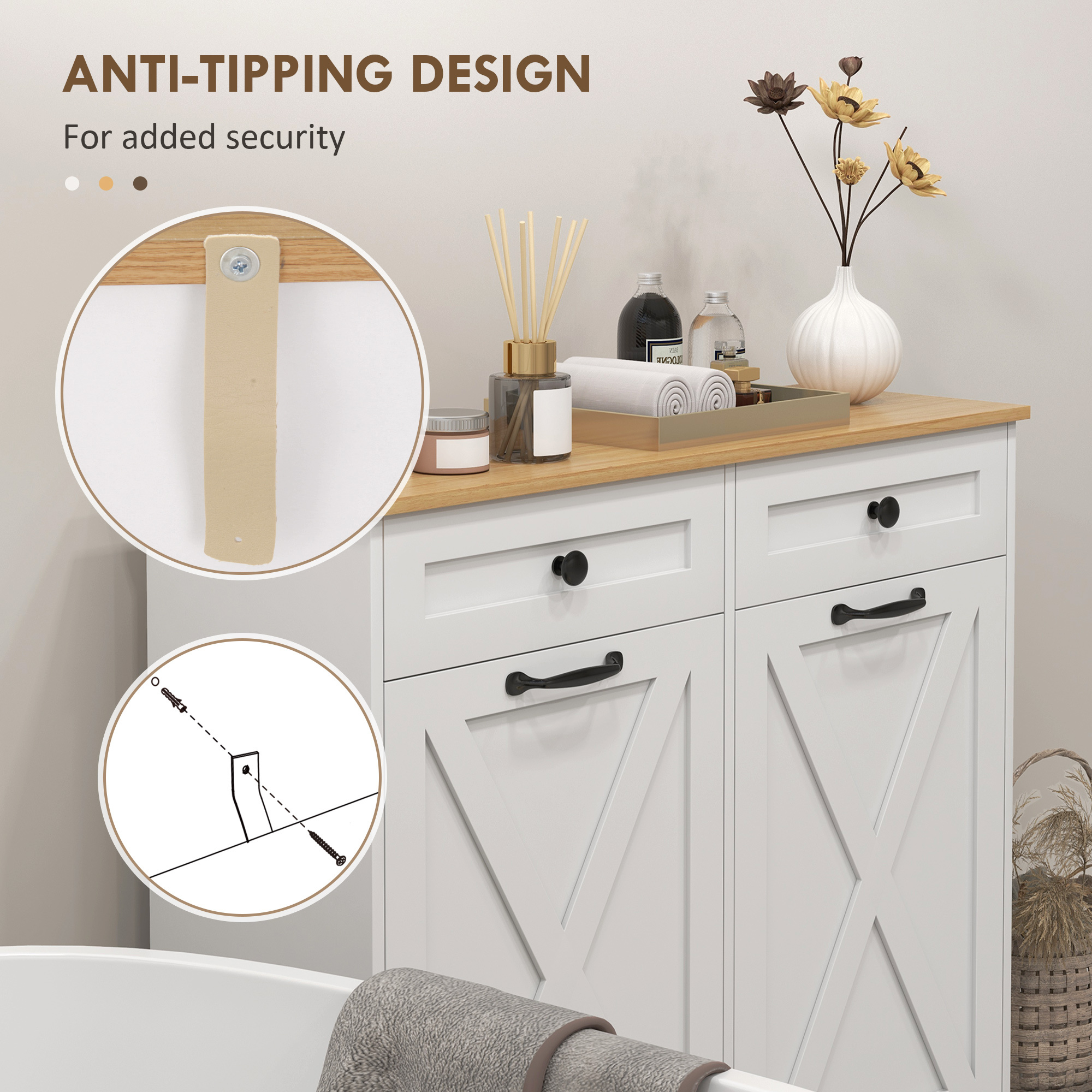 Tilt Out Laundry Hamper Cabinet, Bathroom Storage Cabinet with 2 Removable Baskets and 2 Drawers, White - Image 3