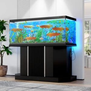 Modern 55-75 Gallon Fish Tank Stand With Power Outlet (4 AC 2 USB Ports), Heavy Duty Aquarium Stand With Cabinet Storage For Fish Tank, Turtle Tank, Reptile Terrarium, 880LBS Capacity, Black