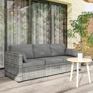 Patio Couch PE Wicker Deep Seating Outdoor Sofa with Removable Cushions, 3 Seater Rattan Sofa, Outdoor Furniture for Balcony, Deck, Garden and Poolside, Gray