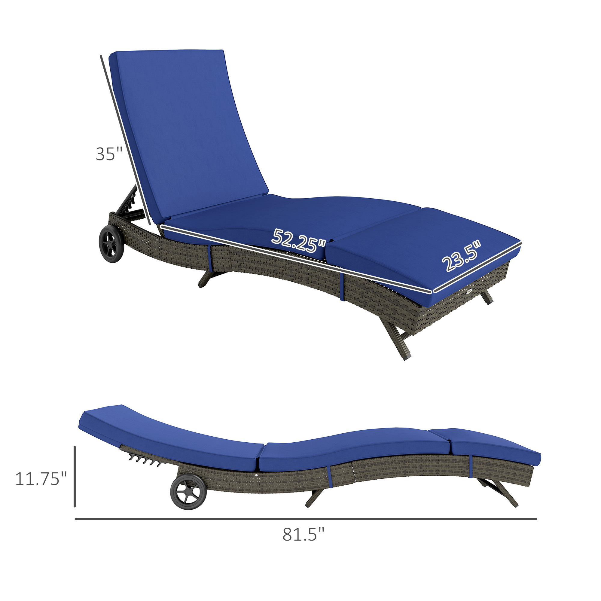 Patio Wicker Chaise Lounge Chair, Outdoor PE Rattan Sun lounger with Adjustable Backrest and 2 Wheels, Dark Blue - Image 8