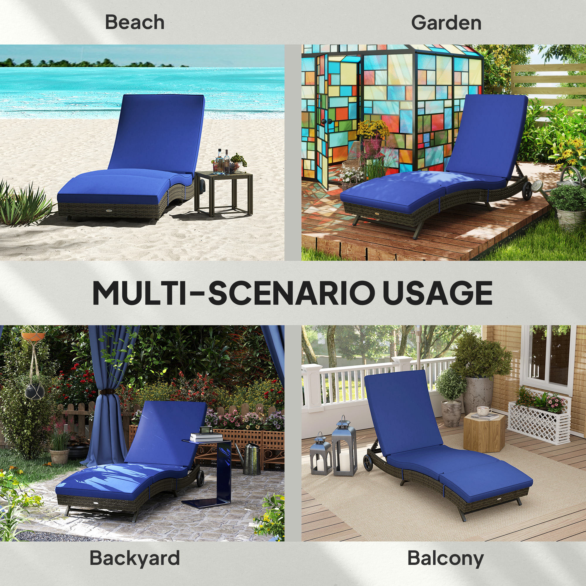 Patio Wicker Chaise Lounge Chair, Outdoor PE Rattan Sun lounger with Adjustable Backrest and 2 Wheels, Dark Blue - Image 2