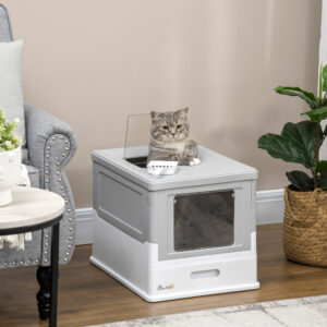 Fully Enclosed Cat Litter Box with Front Entry and Top Exit, Plastic, Gray & White