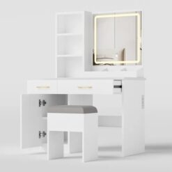 Makeup Vanity Desk With Mirror And Lights, White Vanity Table With Power Outlet And 3 Lighting Modes, Dressing Table Set With Cabinet Drawers Shelves And Storage Stool For Bedroom