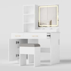 Makeup Vanity Desk With Mirror And Lights, White Vanity Table With Power Outlet And 3 Lighting Modes, Dressing Table Set With Cabinet Drawers Shelves And Storage Stool For Bedroom