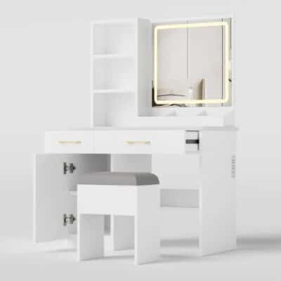 Makeup Vanity Desk With Mirror And Lights, White Vanity Table With Power Outlet And 3 Lighting Modes, Dressing Table Set With Cabinet Drawers Shelves And Storage Stool For Bedroom