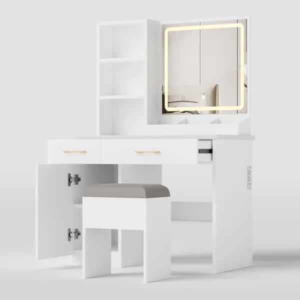Makeup Vanity Desk With Mirror And Lights, White Vanity Table With Power Outlet And 3 Lighting Modes, Dressing Table Set With Cabinet Drawers Shelves And Storage Stool For Bedroom