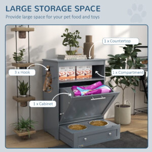 Alternative view of Pet Feeder Station Storage Cabinet, Dog Food Storage Container with Dog Raised Bowls, Watering Supplies, Gray