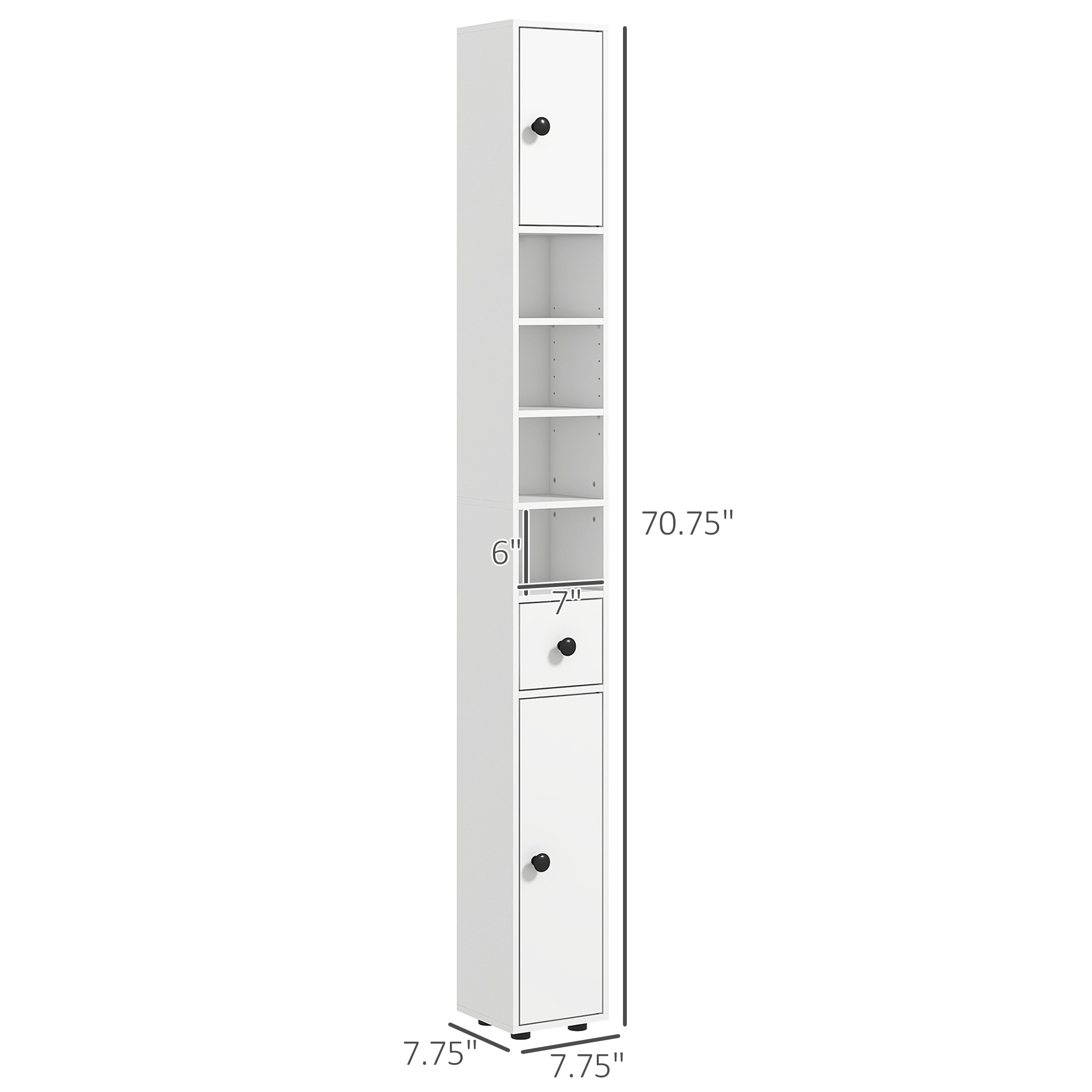 71" Small Bathroom Storage Cabinet, Narrow Toilet Paper Cabinet with Open Shelves, 2 Cabinets, Adjustable Shelves, White - Image 6