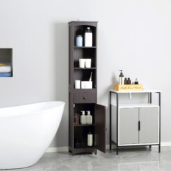 Alternative view of Bathroom Storage Cabinet, Free Standing Bathroom Storage Unit, Tall Linen Tower with 3-Tier Shelves and Drawer, Brown