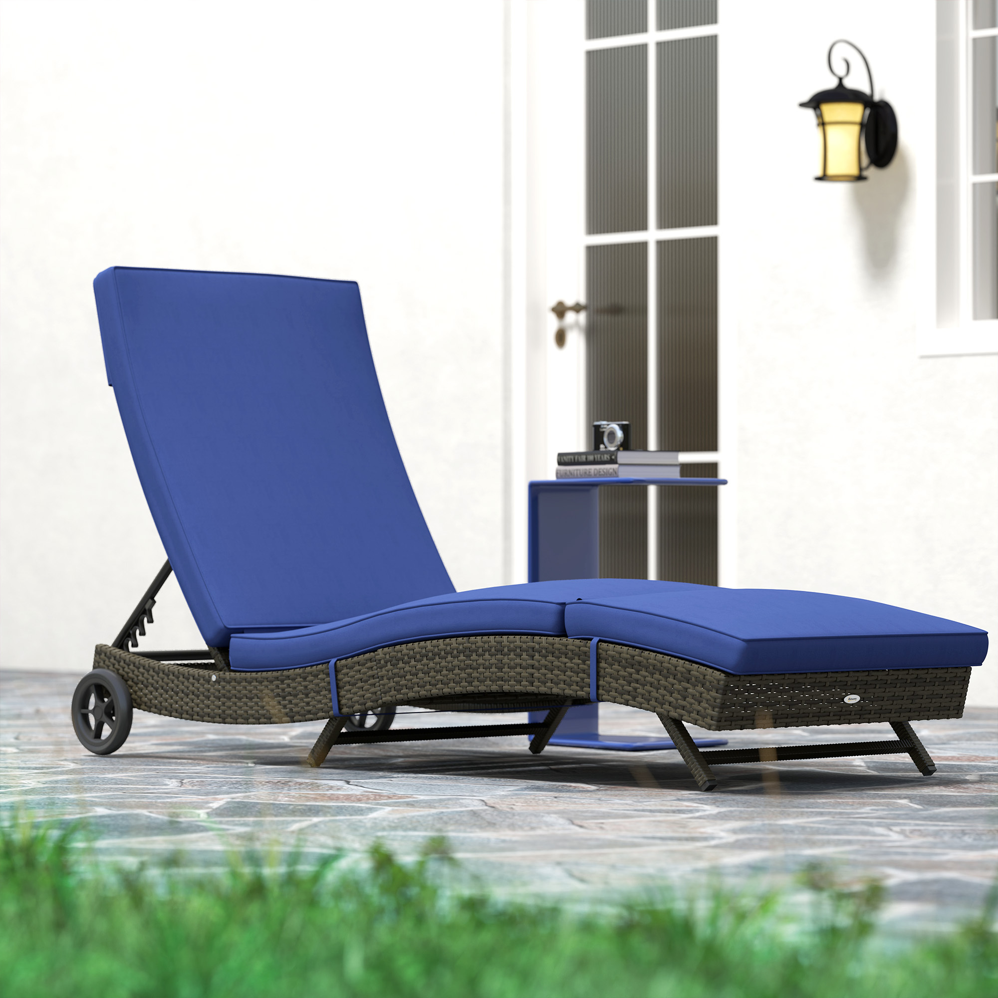 Patio Wicker Chaise Lounge Chair, Outdoor PE Rattan Sun lounger with Adjustable Backrest and 2 Wheels, Dark Blue - Image 3